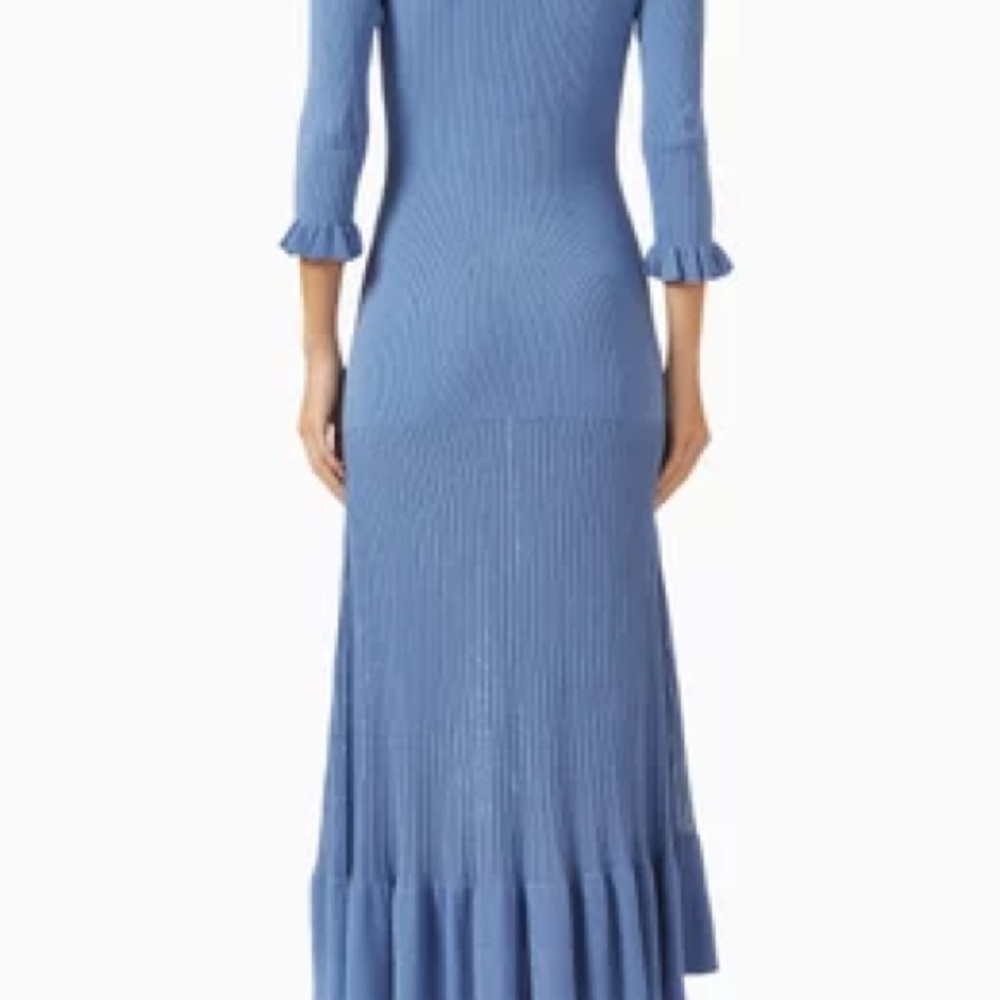 Sandro Blue Ribbed Ruffled Midi Dress for Wedding Guest